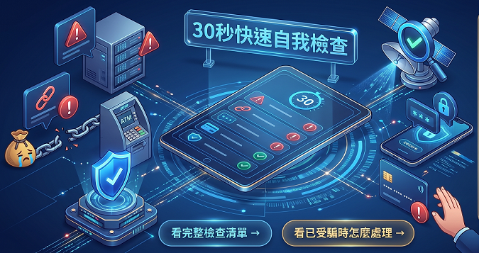 反詐雷達快速檢查圖示，包含盾牌、警示、連結、OTP 與鎖頭