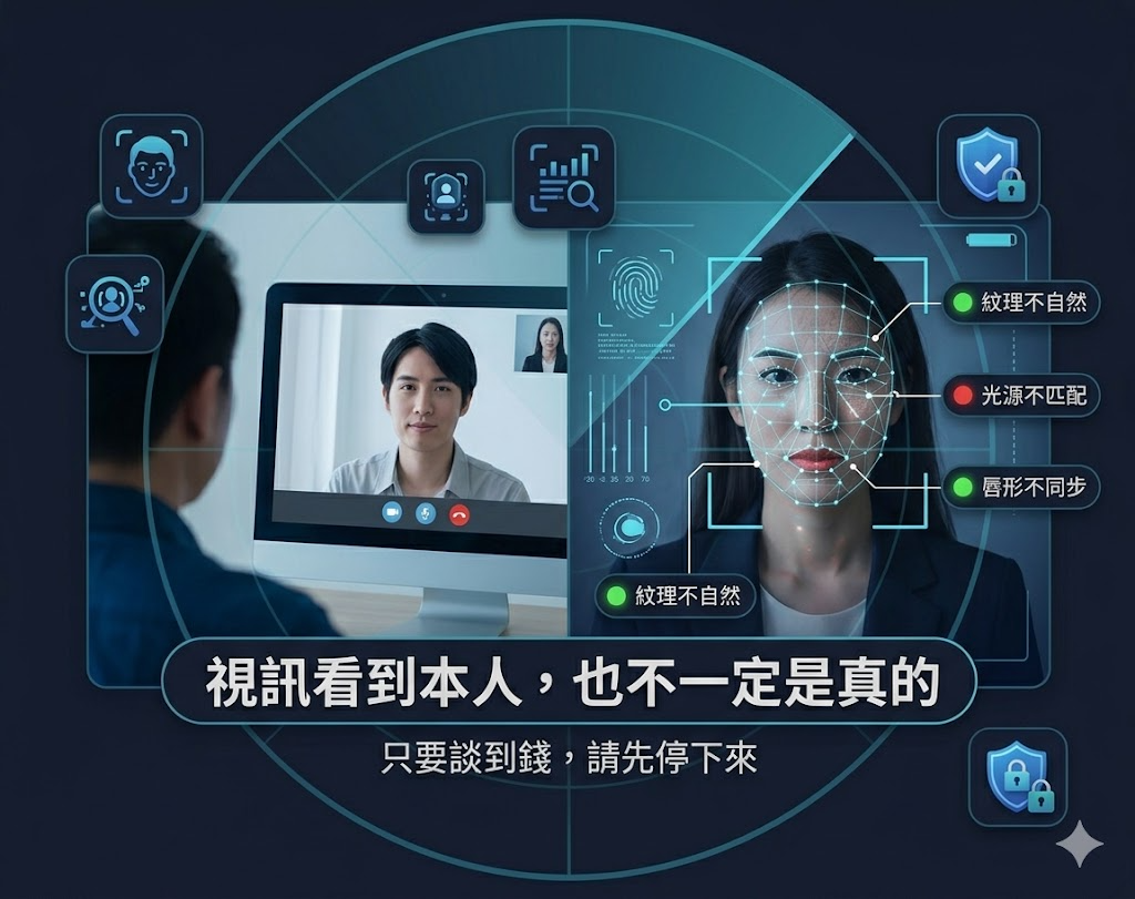 AI 變臉與視訊詐騙警示圖：視訊看到本人，也不一定是真的。注意唇形不同步、光源不匹配與紋理不自然