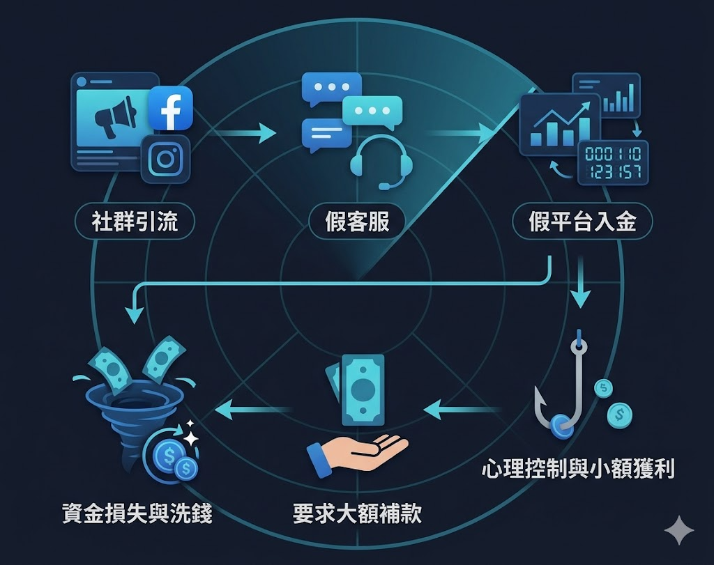 常見詐騙資金與心理控制套路拆解流程圖：社群引流、假客服、假平台入金、心理控制與小額獲利、要求大額補款、資金損失與洗錢